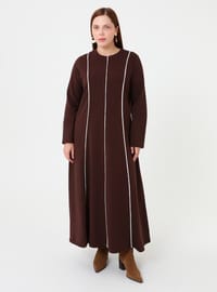 Şerit Detaylı Uzun Elbise Kahverengi
