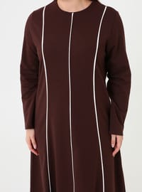 Şerit Detaylı Uzun Elbise Kahverengi