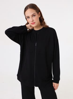 Basic Tasarım Dökümlü Sweatshirt - Siyah - Benin