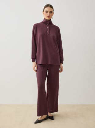 Yumuşak Kumaşlı Çıtçıt Detaylı Tunik&Pantolon Takım - Mürdüm - Refka