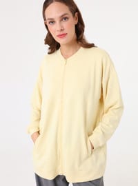 Dökümlü Fermuarlı Cepli Sweatshirt Açık Sarı