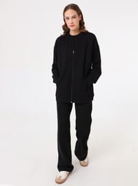 Dökümlü Fermuarlı Sweatshirt Siyah