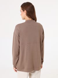 Dökümlü Fermuarlı Sweatshirt - Vizon