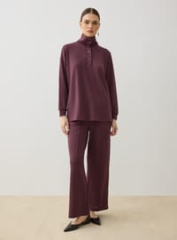 Yumuşak Kumaşlı Çıtçıt Detaylı Tunik&Pantolon Takım - Mürdüm - Refka