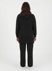 Fermuarlı Kapüşonlu Spor Sweatshirt Pantolon Büyük Beden Takım Siyah