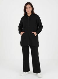 Fermuarlı Kapüşonlu Spor Sweatshirt Pantolon Büyük Beden Takım Siyah