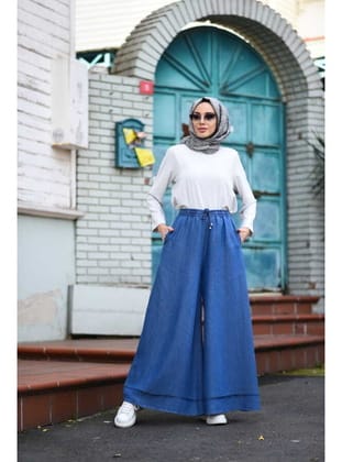 1138-Denim Tensel Lastikli Bol Paça Pantolon Koyu Mavi
