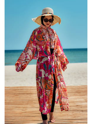 Remsa Tesettür Mayo Üzerine Tek Kaftan Kimono Pareo Oranj RP034 Festival