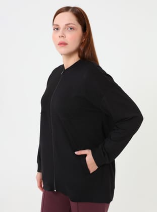 Fermuarlı Büyük Beden Sweatshirt - Siyah - Alia