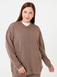Fermuarlı Büyük Beden Sweatshirt - Vizon - Alia