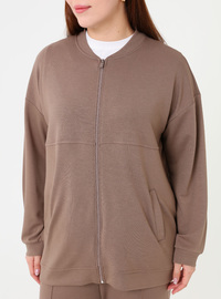 Fermuarlı Büyük Beden Sweatshirt - Vizon - Alia