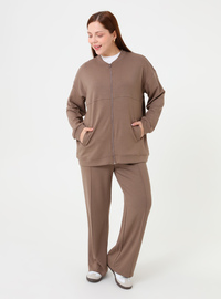 Fermuarlı Büyük Beden Sweatshirt - Vizon - Alia