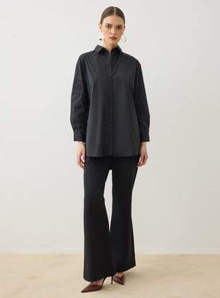 Poplin Kumaşlı Basic Bluz / Gömlek - Siyah - Refka