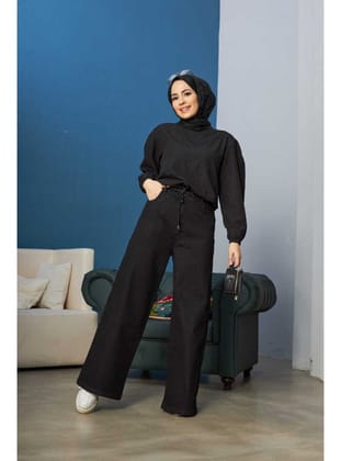 1123-Denim Bağcıklı Bol Paça Pantolon Siyah