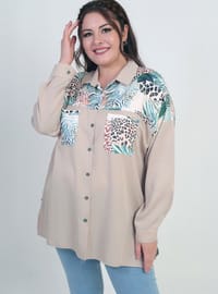 Desenli Büyük Beden Gömlek Bej