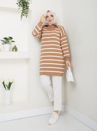 Çizgili Triko Tunik Camel