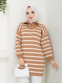 Çizgili Triko Tunik Camel