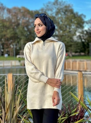 Yeni Sezon Yaka Fermuarlı Triko Tunik