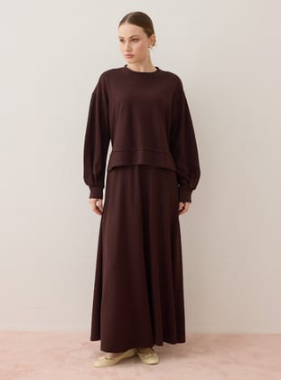 Yumuşak Dokulu Rahat Kalıp Sweatshirt&Etek Takım - Kahverengi - Benin