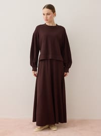 Yumuşak Dokulu Sweatshirt & Etek Takım Kahverengi