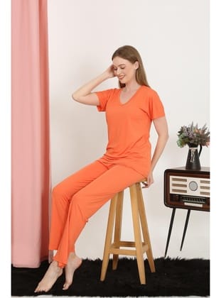 Akbeniz Kadın Kısa Kol Pamuk Penye Pijama Takım Turuncu 4213
