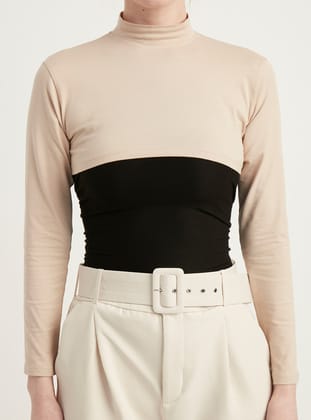 Uzun Kollu Balıkçı Yaka  Pamuk Yarım Body - Bej ( Small - Medium - Large )