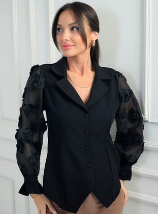Kadın Önü Düğmeli Kolları Organze 3 Boyut Çiçekli Tasarım Bluz - Siyah - By Saygı