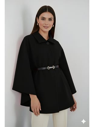 Kemerli Kaşe Panço B9170 Siyah