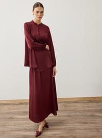 Saten Kumaşlı Brit Düğme Detaylı Tunik&Etek Takım - Koyu Kızıl - Refka