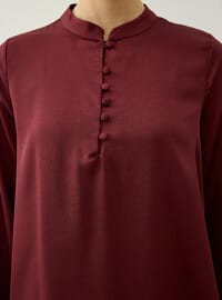 Saten Kumaşlı Brit Düğme Detaylı Tunik&Etek Takım - Koyu Kızıl - Refka