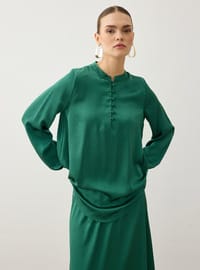Saten Kumaşlı Brit Düğme Detaylı Tunik&Etek Takım - Koyu Yeşil- Refka