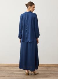 Saten Kumaşlı Brit Düğme Detaylı Tunik&Etek Takım - Lacivert - Refka
