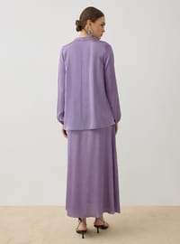 Saten Kumaşlı Brit Düğme Detaylı Tunik&Etek Takım - Mor - Refka