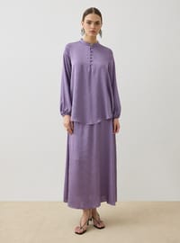 Saten Kumaşlı Brit Düğme Detaylı Tunik&Etek Takım - Mor - Refka