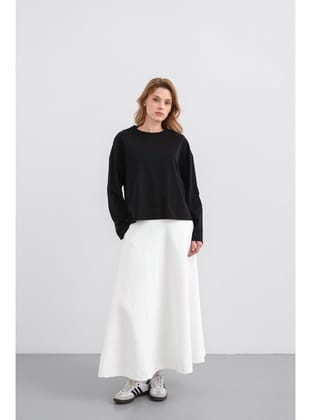 Siyah Kadın Bisiklet Yaka Etek Yırtmaçlı %100 Pamuk Oversize Basic Sweatshirt Siyah