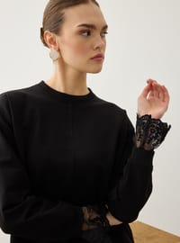 Kolu Dantel Detaylı Sweatshirt Siyah Refka