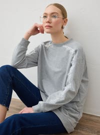 Dantel Şerit Detaylı Sweatshirt - Gri melanj - Refka