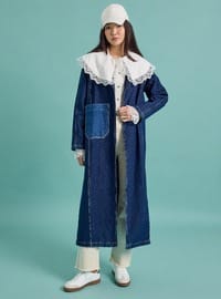 Yırtmaç Detaylı Cepli Denim Trençkot - Lacivert