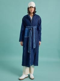 Yırtmaç Detaylı Cepli Denim Trençkot - Lacivert