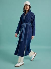 Yırtmaç Detaylı Cepli Denim Trençkot - Lacivert