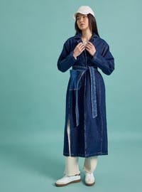 Yırtmaç Detaylı Cepli Denim Trençkot - Lacivert