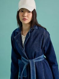 Yırtmaç Detaylı Cepli Denim Trençkot - Lacivert