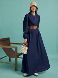 V Yaka Denim Elbise - Lacivert