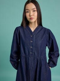 V Yaka Denim Elbise - Lacivert