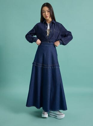Volanlı Çan Denim Etek - Lacivert - Benin