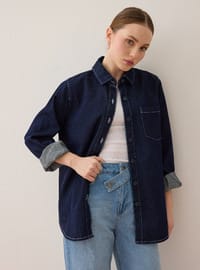 Dikiş Detaylı Oversize Denim Gömlek - Lacivert