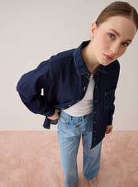 Dikiş Detaylı Oversize Denim Gömlek - Lacivert