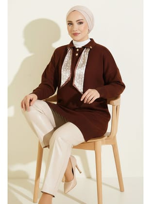 Fularlı Triko Tunik R7178 Kahverengi