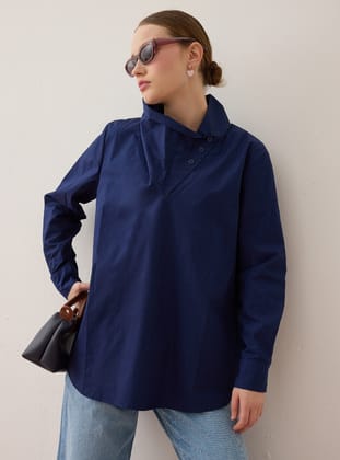 Yaka Detaylı Poplin Tunik - Lacivert - Benin - Exclusive