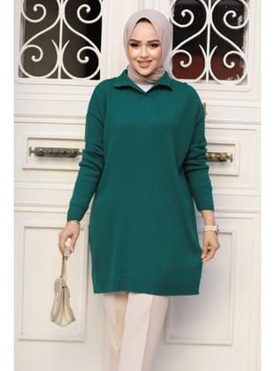Fitilli Zümrüt Yeşili Tesettür Triko Tunik 65903ZY
